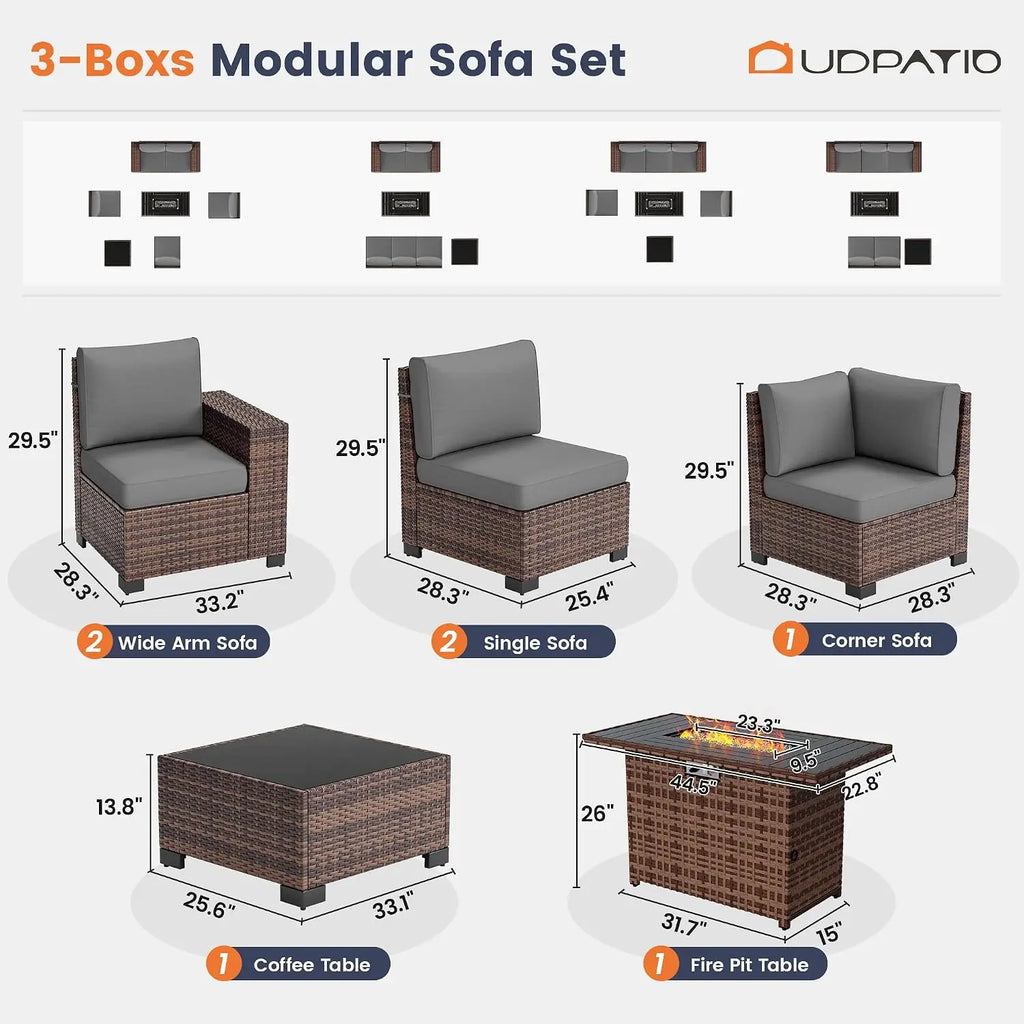 Outdoor Wicker Sectional Sofa Set with Fire Pit Table, 7-Piece All-Weather Patio Furniture with 8 Inch Armrest for Garden Backya