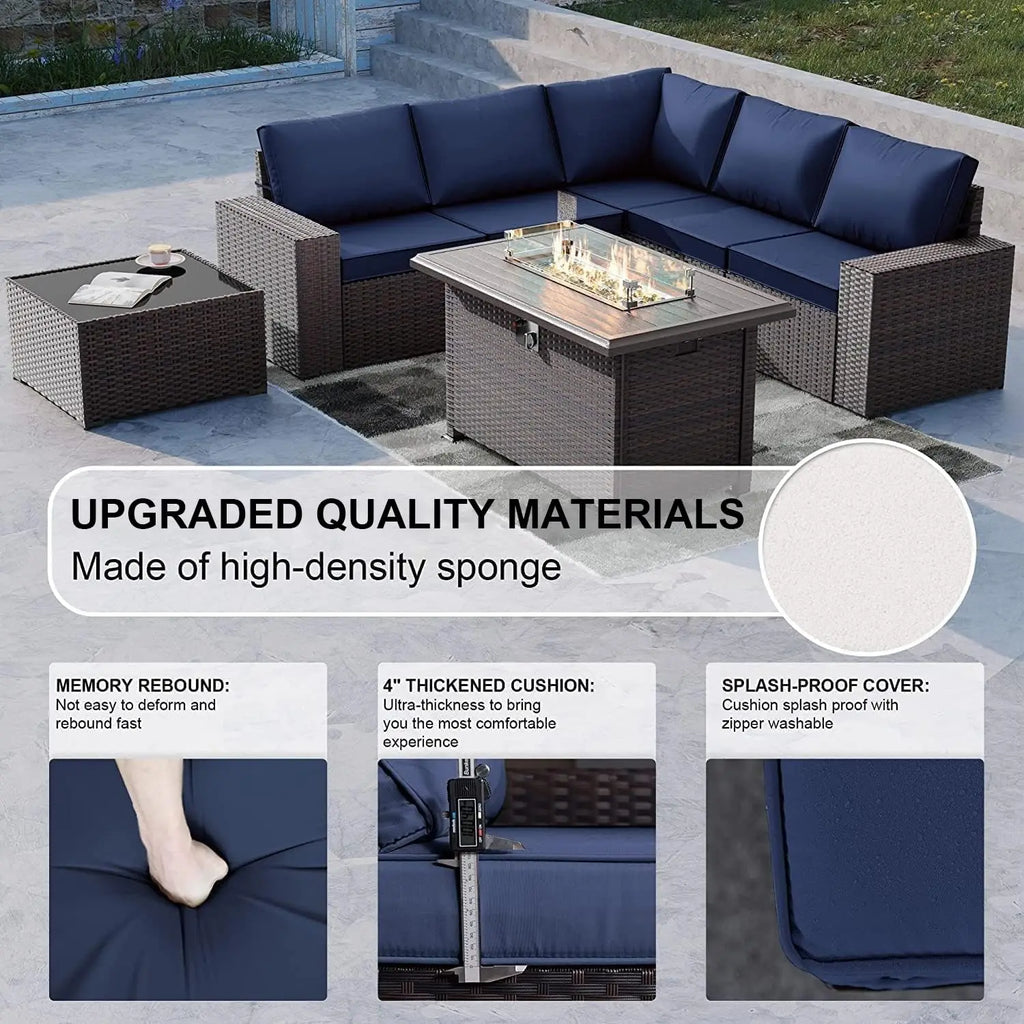 7 Piece Outdoor Wicker Patio Furniture Set with Fire Pit Table, Customized