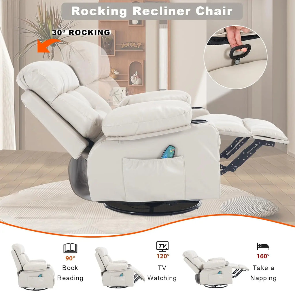 Swivel Rocker Recliner with Heat and Massage, Heated Massaging Reclining Chair with Cup Holders, Faux Leather, Customized