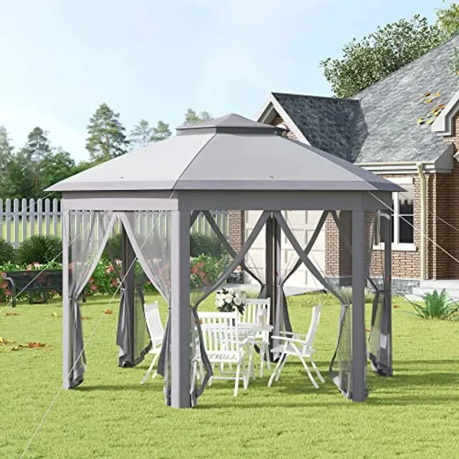 11' x 13' Pop Up Gazebo  Tent with Zippered Mesh Sidewalls and Carrying Bag Event Tent Shelter for Patio Garden Backyard Gray