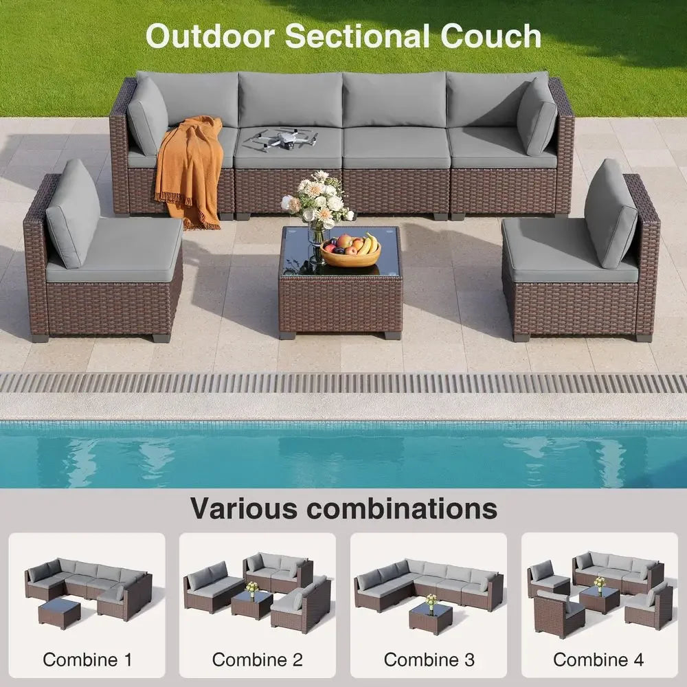 7 Pieces Outdoor Patio Furniture Set, PE Rattan Outdoor Wicker Sectional Furniture Sofa Set, with Cushions and Glass Coffee Tab