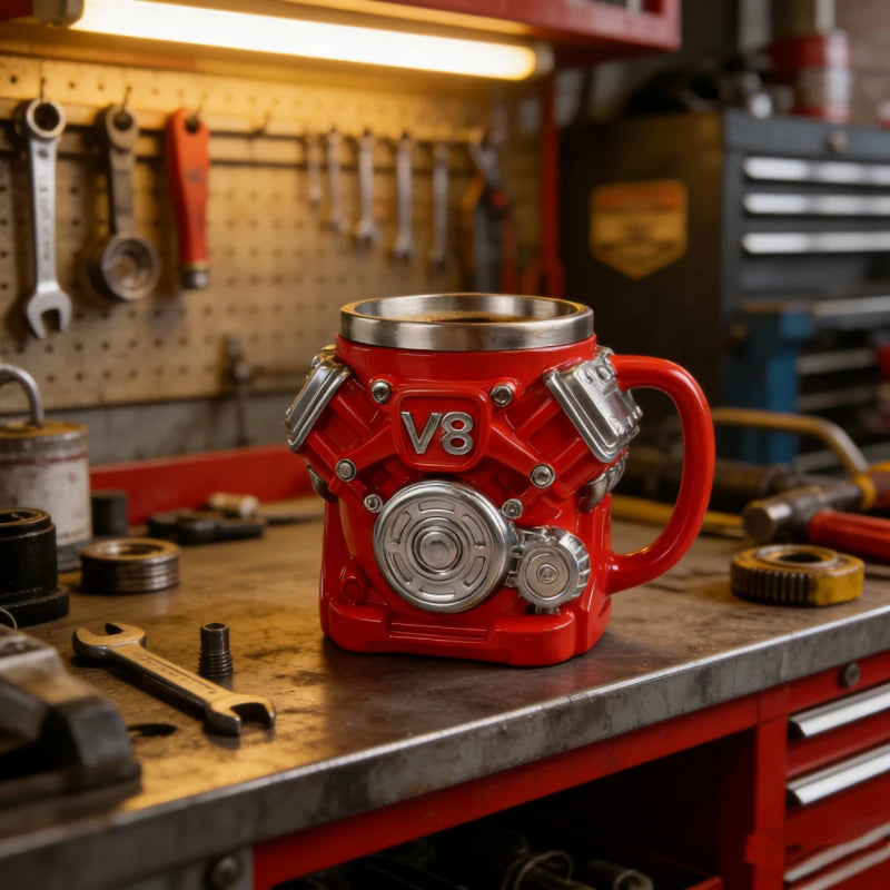 V8/V6 Engine Shape Coffee Mug Creative Stainless Steel Liner Car Enthusiast Gift Red Mechanical Style Cup