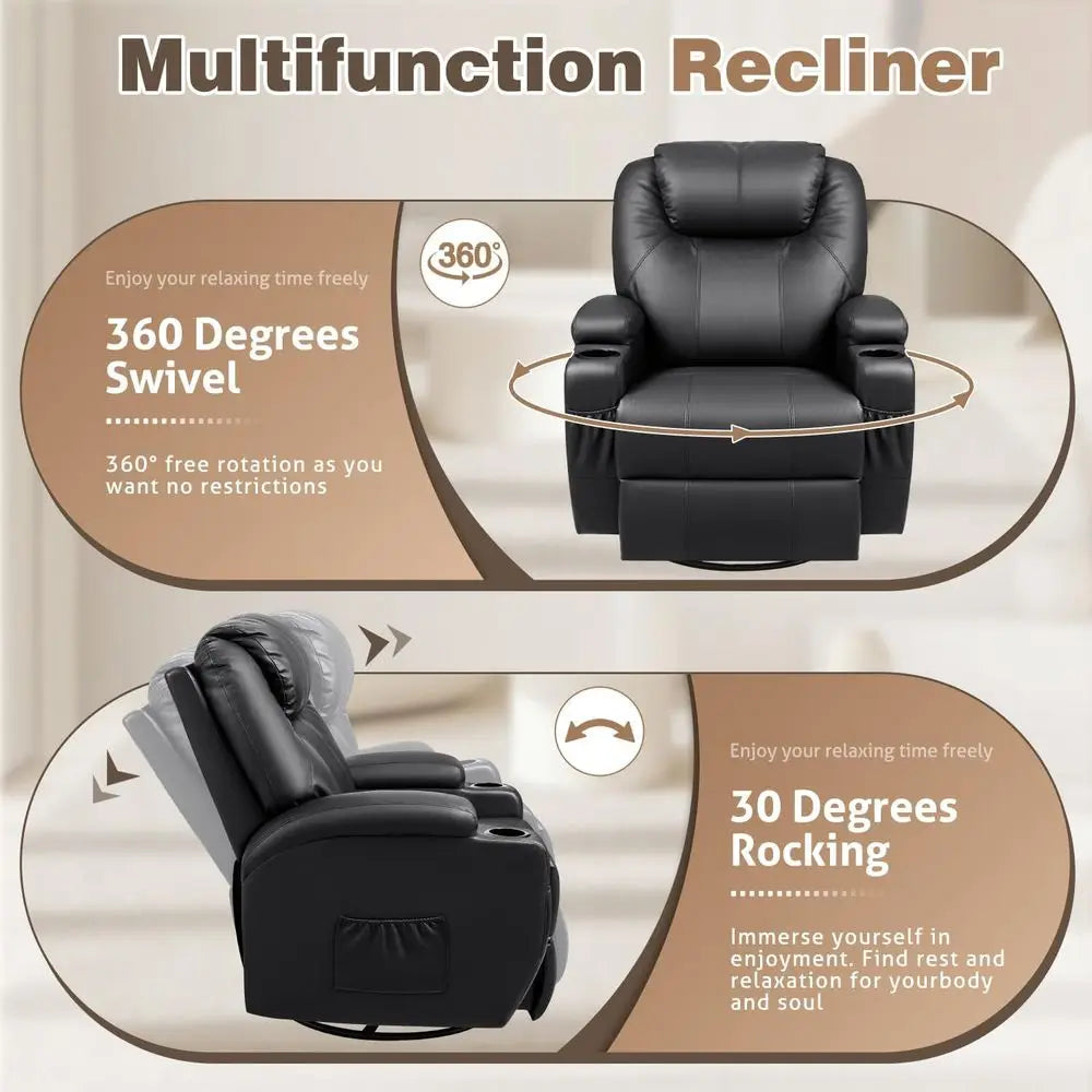 Black Leather Swivel Rocking Recliner Chair with Massage and Cup Holders for Living Room, Bedroom, or Nursery
