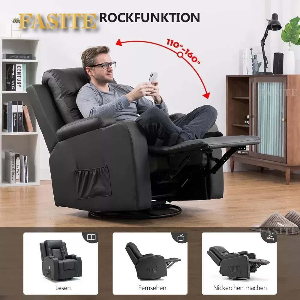 Leather Recliner Chair Modern Rocker with Heated Massage Ergonomic Lounge 360 Degree Swivel Single Sofa Seat with Drink Holders