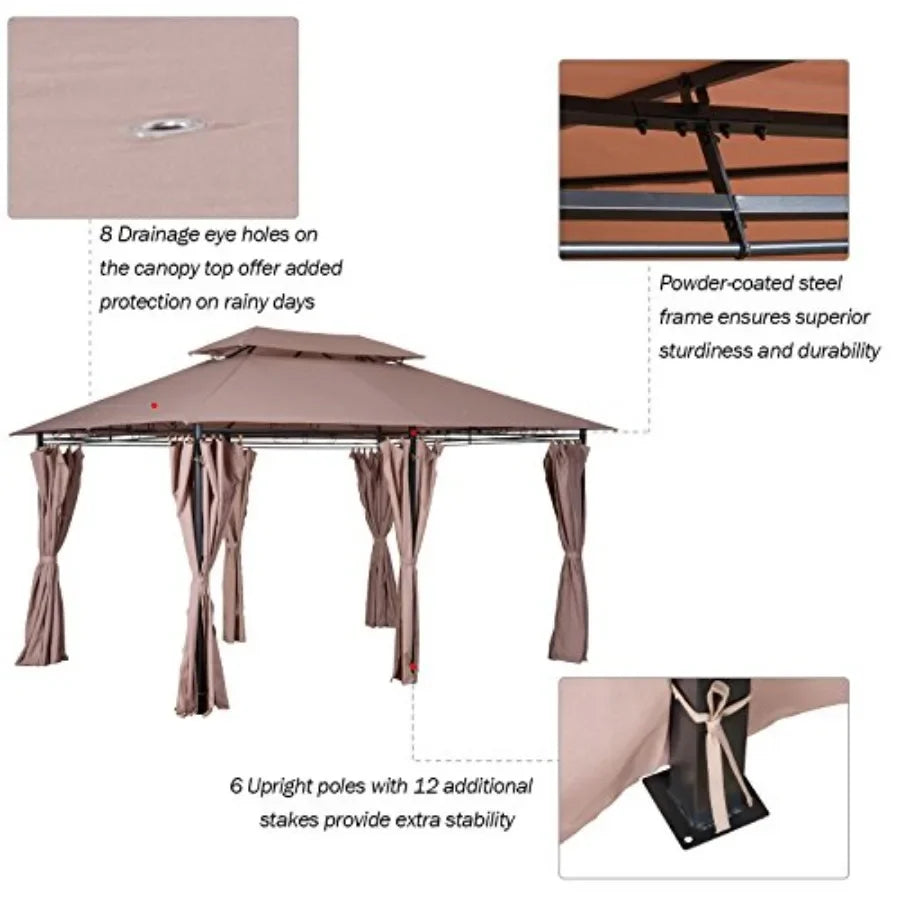 10' x 13' Patio Gazebo Outdoor  Shelter with Curtains Vented Roof Steel Fe for Garden Lawn Backyard Deck