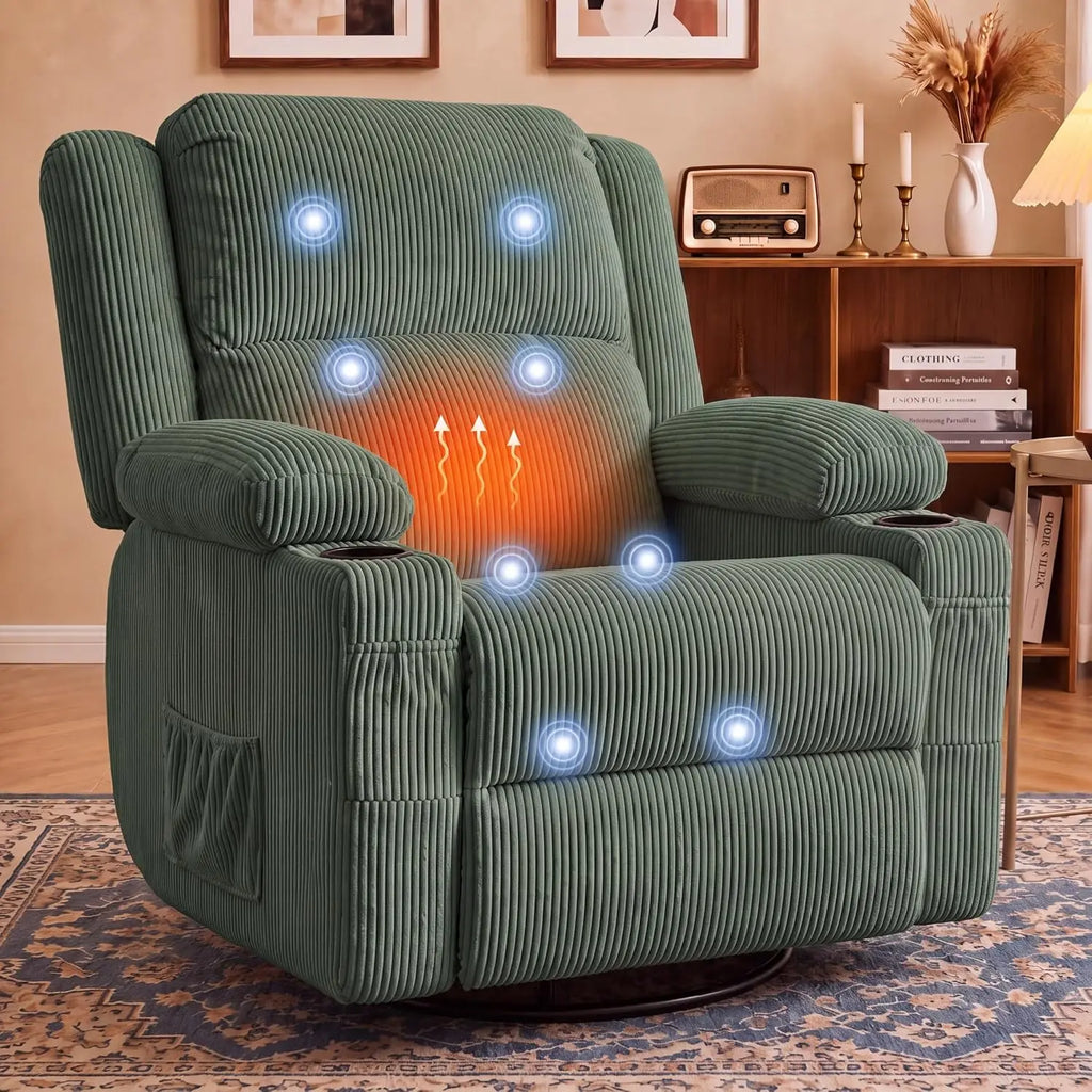 Swivel Rocker Recliner Chair with Heat & Vibration Massage, USB Port, Lounge Sofa for Living Room, Custom