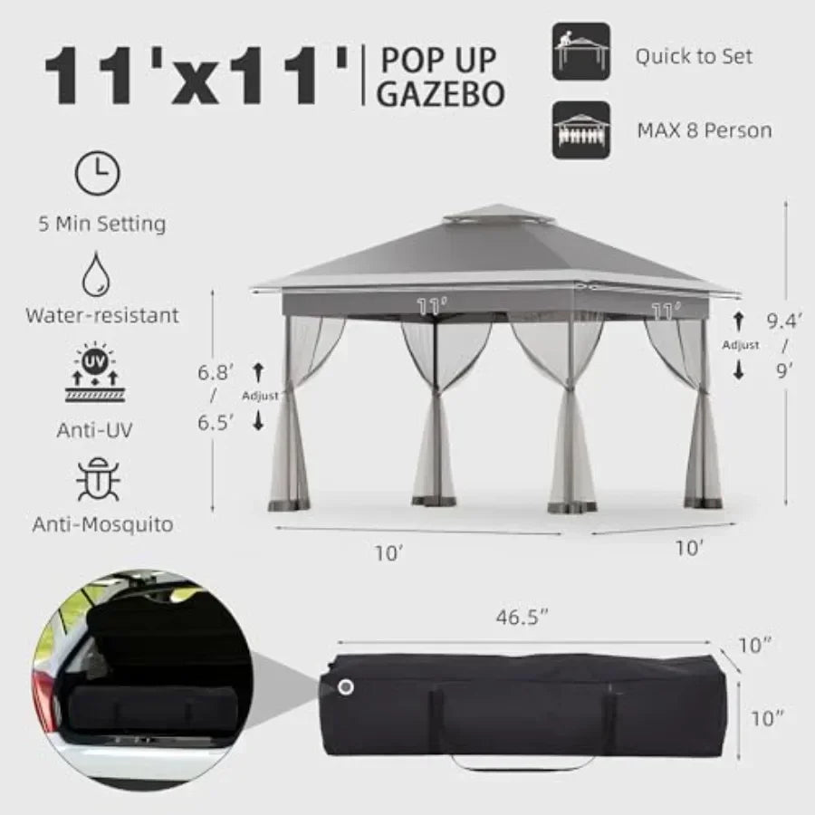11x11 Pop Up Gazebo with Mosquito Netting Easy 1-Person Setup Water-Resistant Backyard  for Family Patio Garden Use