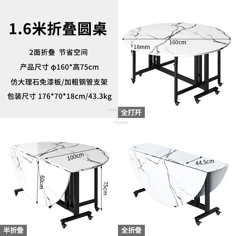 Home Folding Dining Table Set with Chairs Mobile Round Furniture Modern Kitchen Living Room Light Luxury Simple Portable