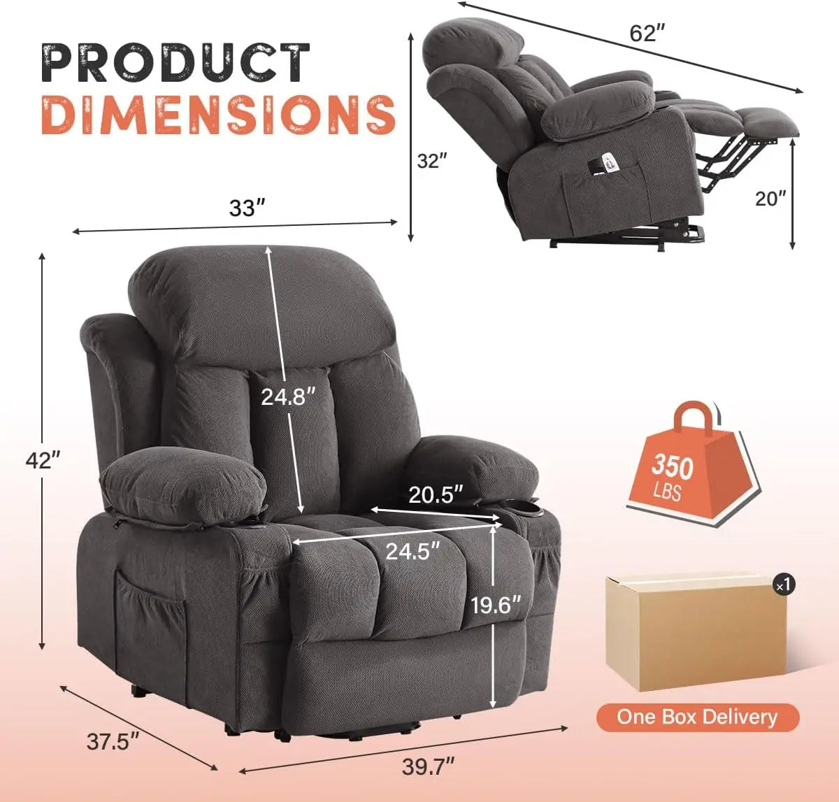 Power Lift Recliner Chair with Massage & Heat for Elderly, Electric Recliner Single Sofa Cup Holders USB