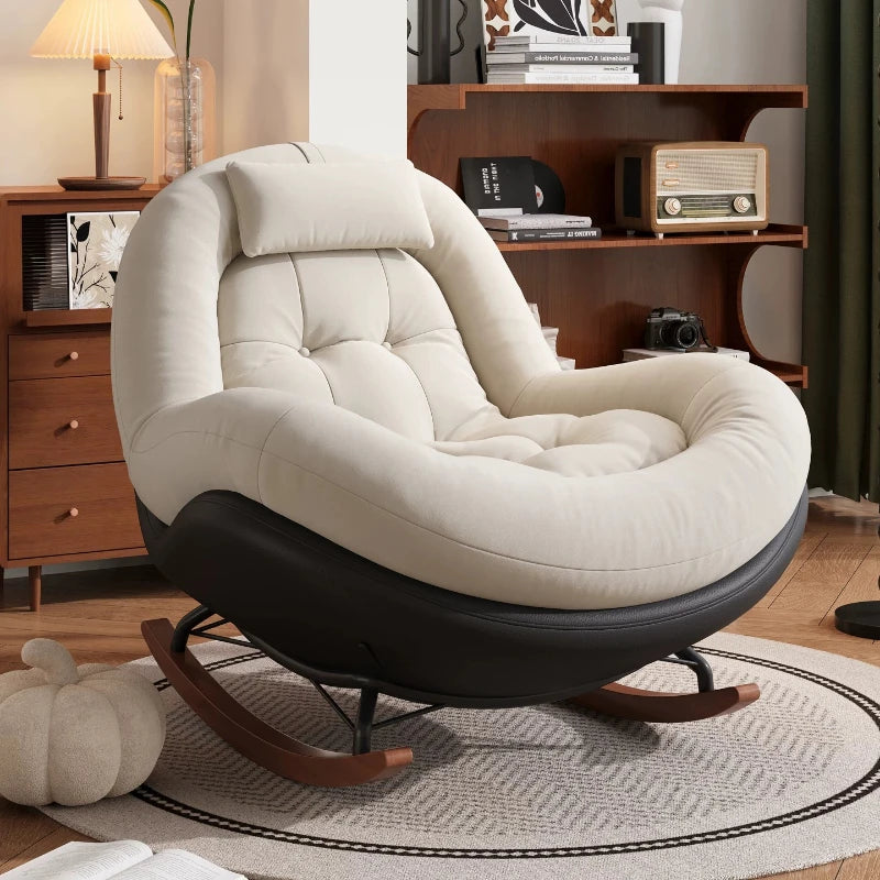 Cozy Button Tufted Rocking Leisure Chair, Curved Wrap-around Chenille Padded Single Recliner Sofa Chair With Wooden Rocking