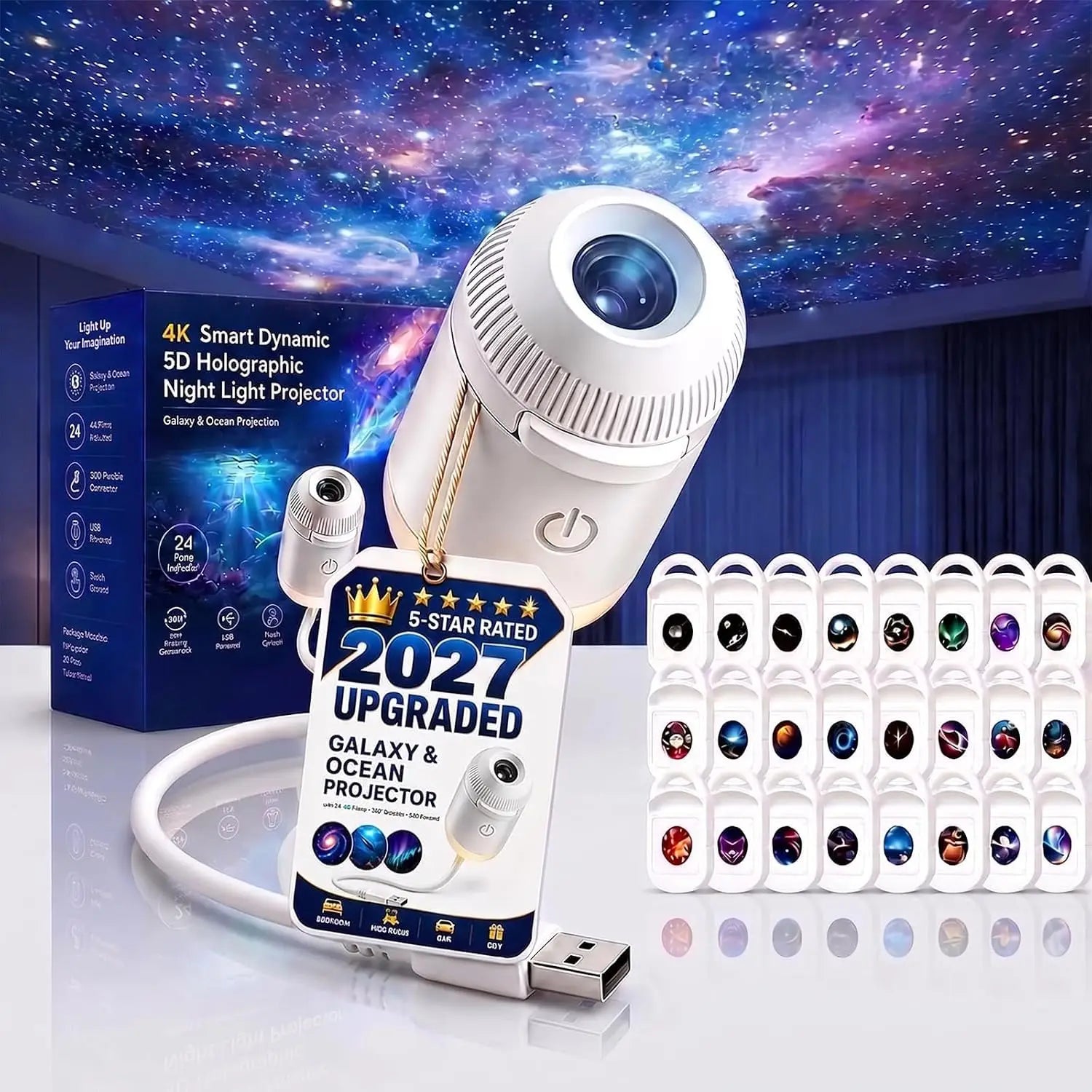 2027 Upgraded Hd Smart Dynamic 5d Holographic Night Light Projector, Plug and Play Hd Star Projector, 360° Adjustable Hd Galaxy
