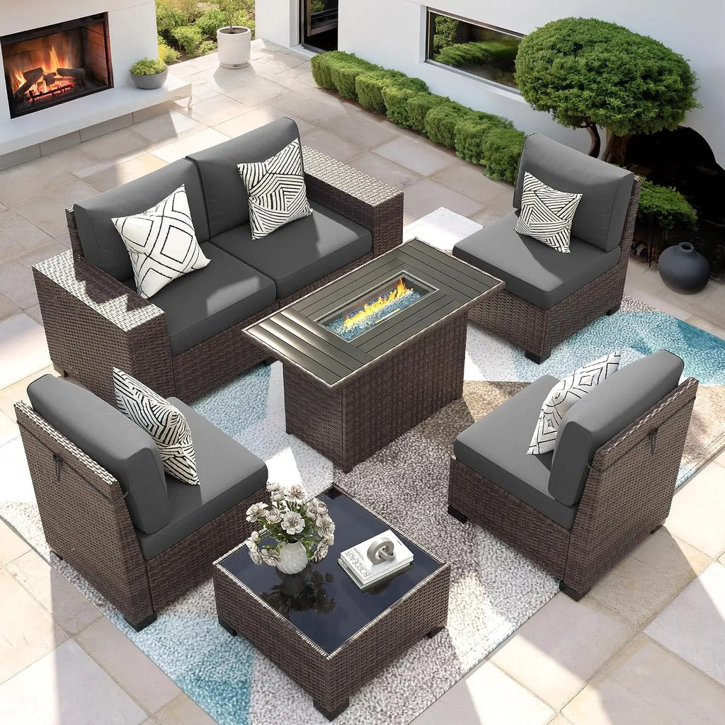 Patio Furniture Set with 44'' Fire Pit Table, 7 Pcs Outdoor Sectional Sofa |  Conversation Sets Brown Wicker Rattan, Customized