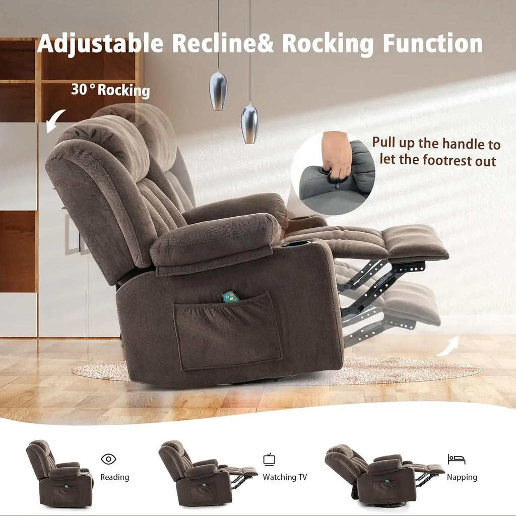Swivel Recliner Chair with Massage Heat, Rocking Glider, Overstuffed Fabric Living Room Sofa