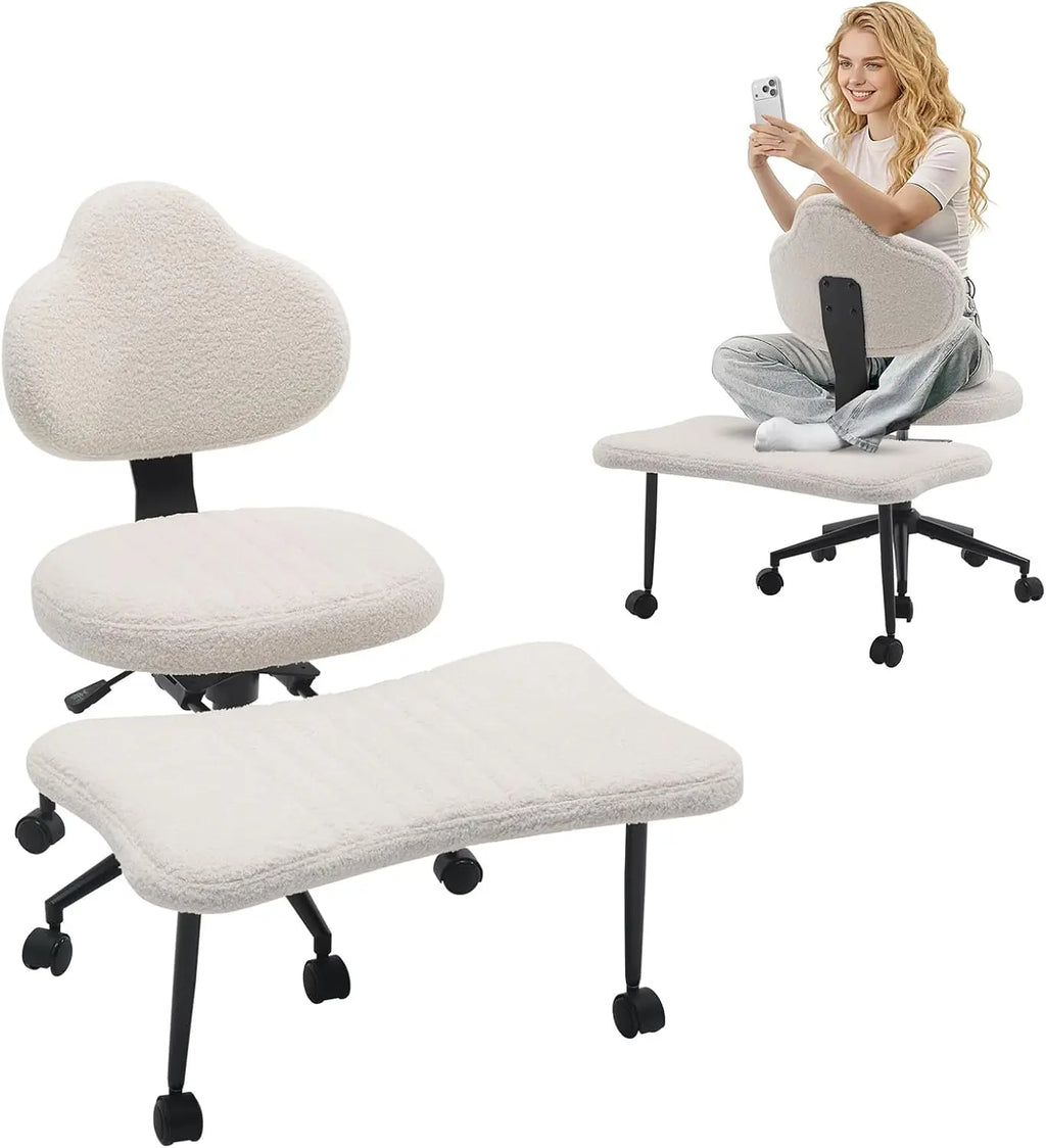 White Cross Legged Office Chair Meditation Seat with Lumbar Support for Desk Work, Yoga & Mindfulness Comfortable & Space-Saving