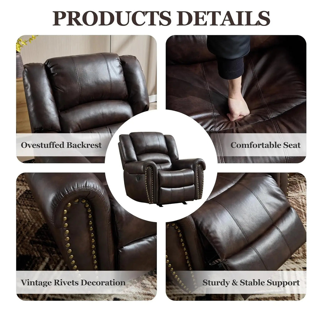 #Overstuffed Leather Rocker Recliner Chair Manual Single Sofa Living Room Bedroom Dark Brown, Customized