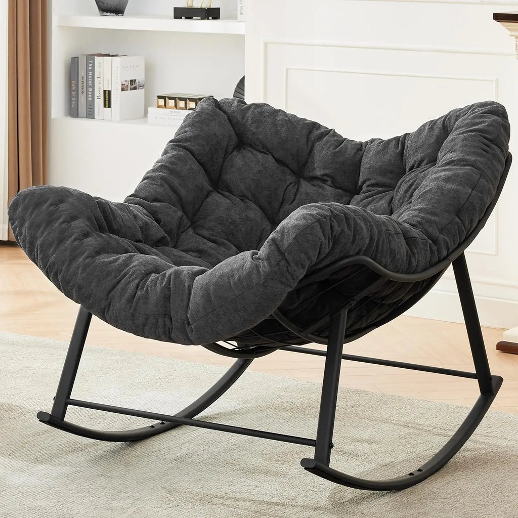Oversized Rocking Chair Indoor, Papasan Rocking Chair Outdoor, Lounge Chair with Cushion, Patio Egg Rocker Chairs, Comfy