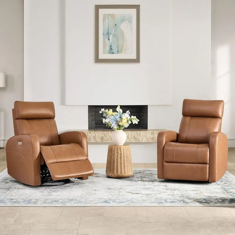 Camel Brown Genuine Leather Power Recliner for Adults and Electric Swivel Glider for Nursery, Living Room