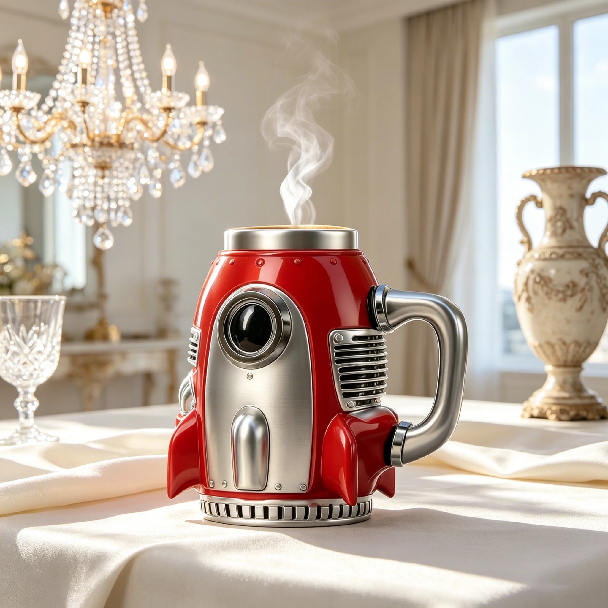 Engine coffee cup/rocket shaped coffee cup set, 304 stainless steel inner liner, durable resin shell, unique V8 car engine cylinder body and retro rocket ship design water cup, multifunctional and fun decorative desktop ornam