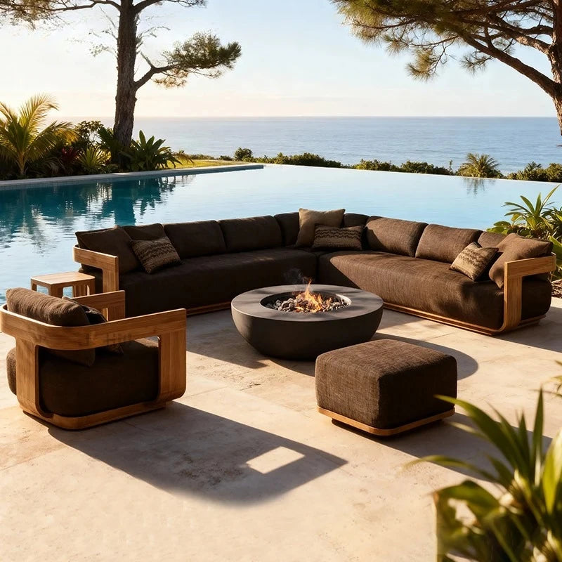 Sofa, with Waterproof UV-resistant Cushion, Outdoor Wooden Furniture, with Customized Service, for Hotel Patio Courtyard Use