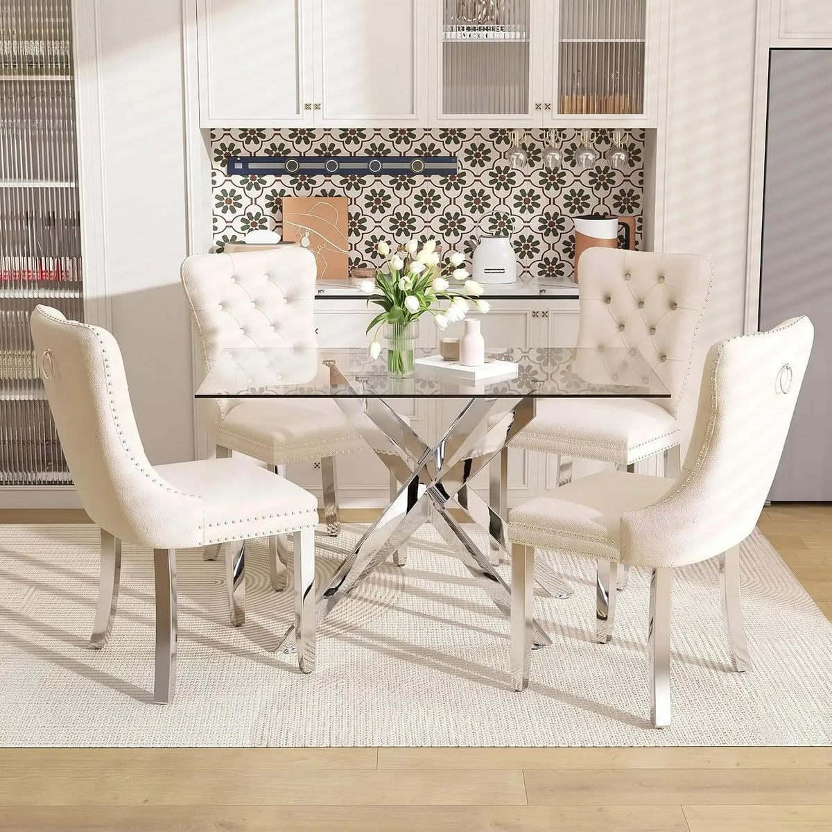 51" Glass Dining Table Set for 4, Grey | Tempered Glass Top, Silver Metal Legs, Velvet Chairs, Modern Dining Room Set, Custom