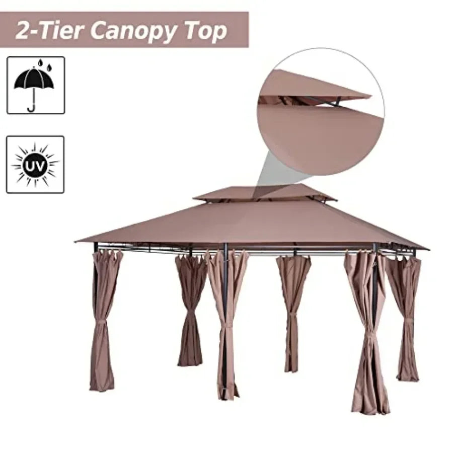 10' x 13' Patio Gazebo Outdoor  Shelter with Curtains Vented Roof Steel Fe for Garden Lawn Backyard Deck