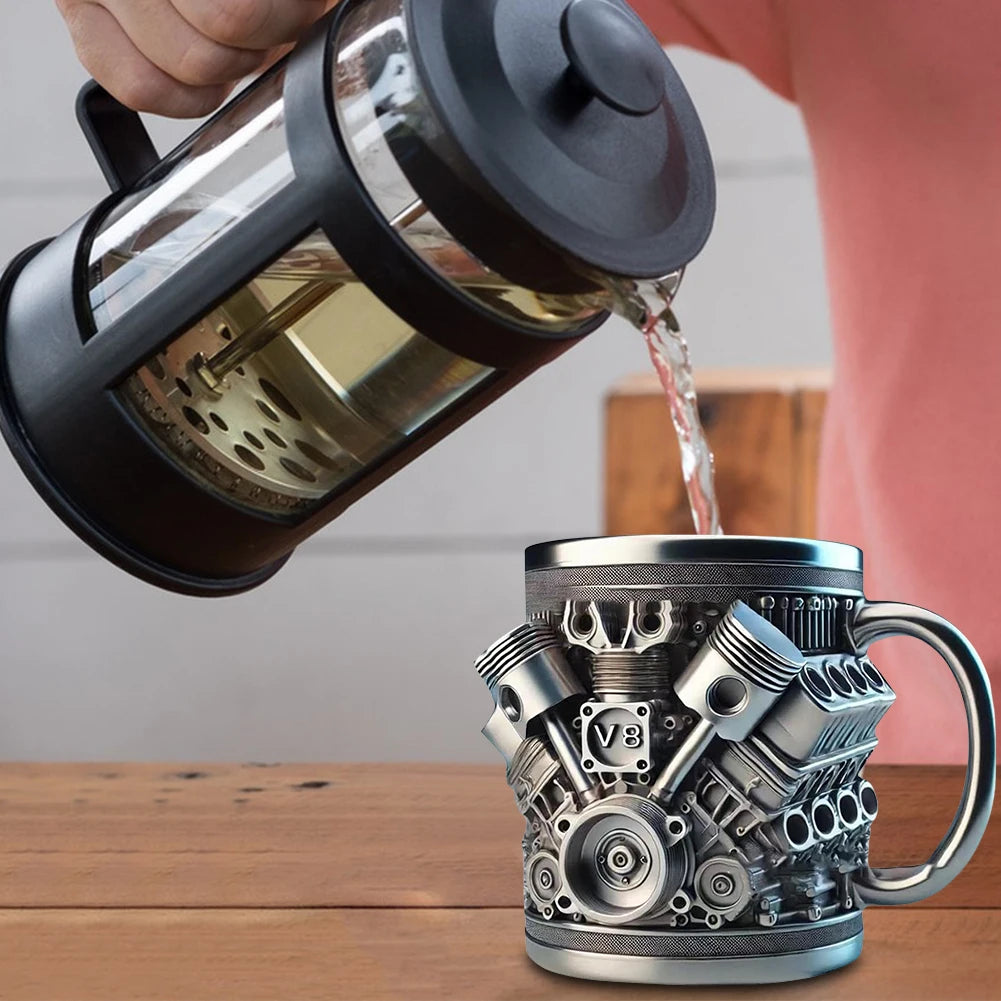 3D Engines Stainless Steel Cup Handmade V6 V8 Engines Coffee Cup For Car Enthusiasts 400ML Capacity Tea Mug For Home Or Office ﻿