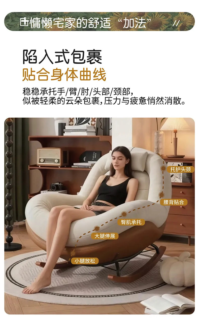 Cozy Button Tufted Rocking Leisure Chair, Curved Wrap-around Chenille Padded Single Recliner Sofa Chair With Wooden Rocking