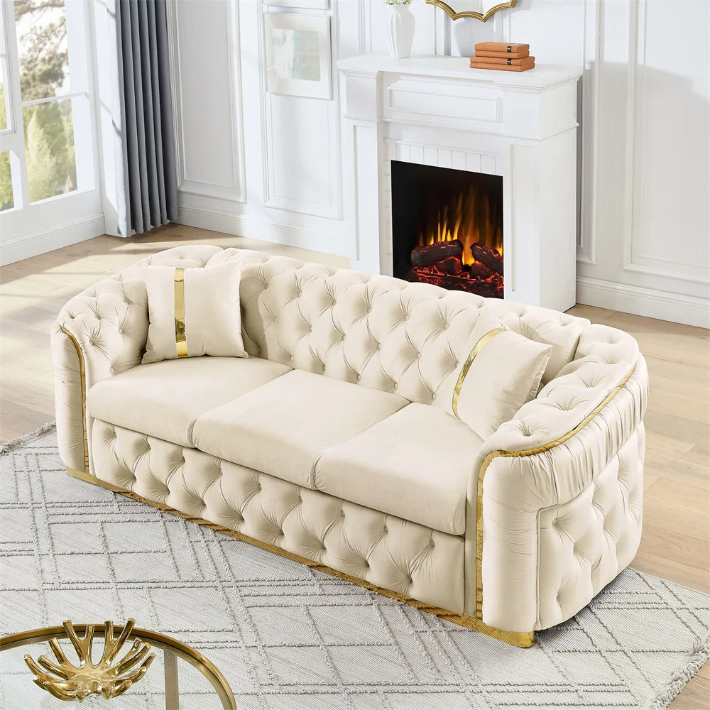 #￥Custom Velvet Button Tufted Sofa Couch with 2 Pillows 3 Seater Luxury Chesterfield Sofa Set with Gold Stainless Steel Accents