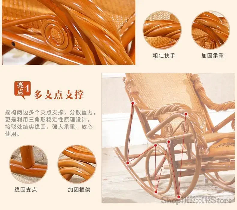Natural and comfortable rattan rocking chair for adults elderly family leisure chair balcony reclining and sleeping chair