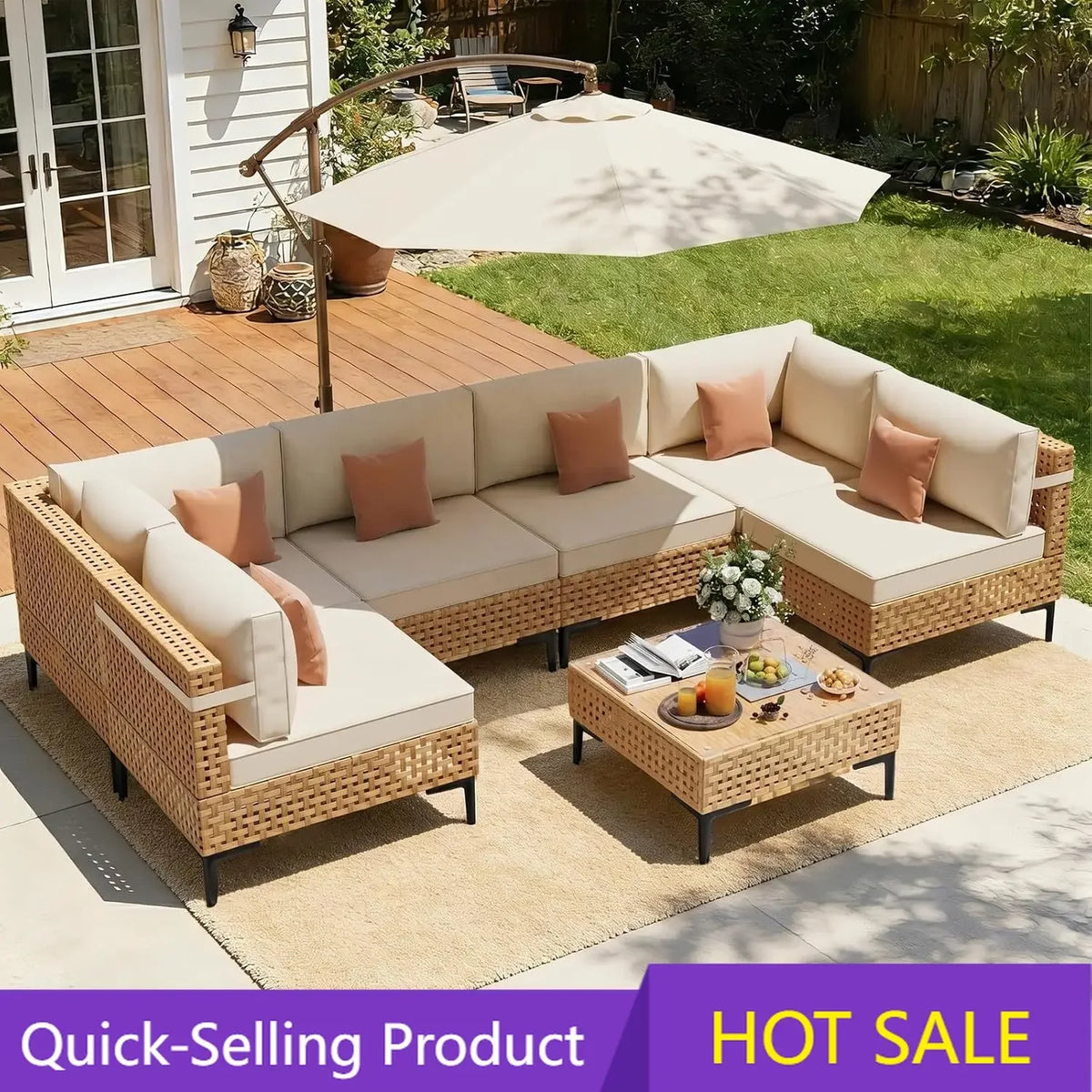 7-Piece Patio Furniture Set With Non-Slip Cushions & Coffee Table | 6 Seats All Weather Wicker Outdoor Sectional Set