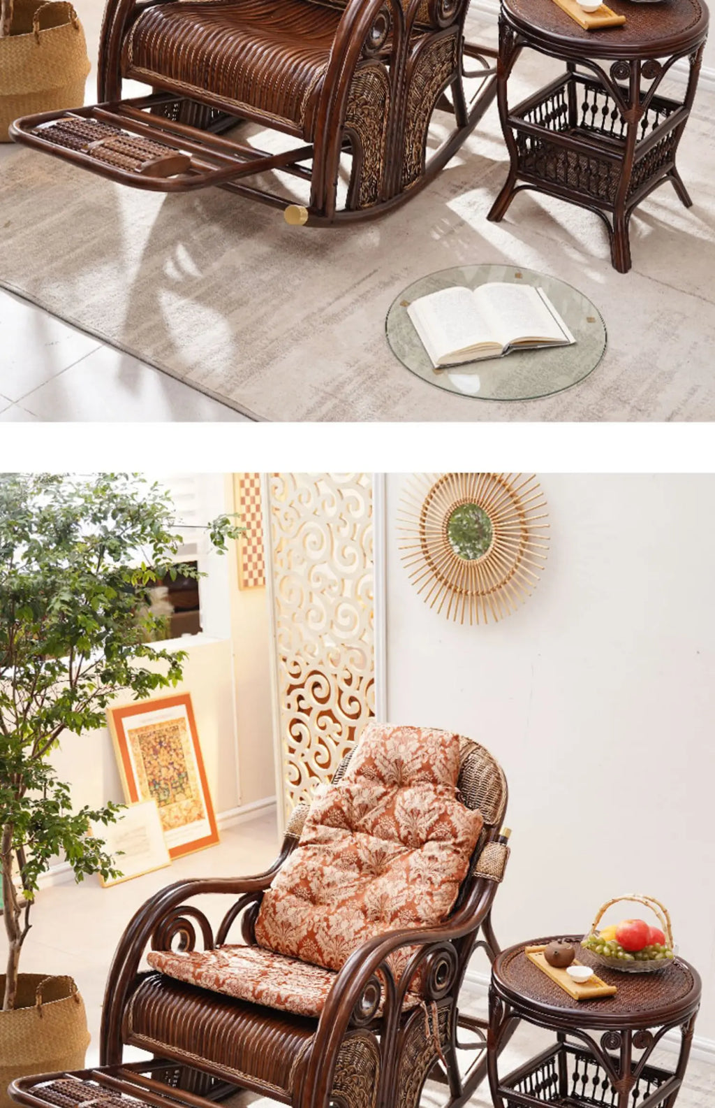 natural true rattan rocking chair recliner sofa single balcony home leisure retro cushion living room