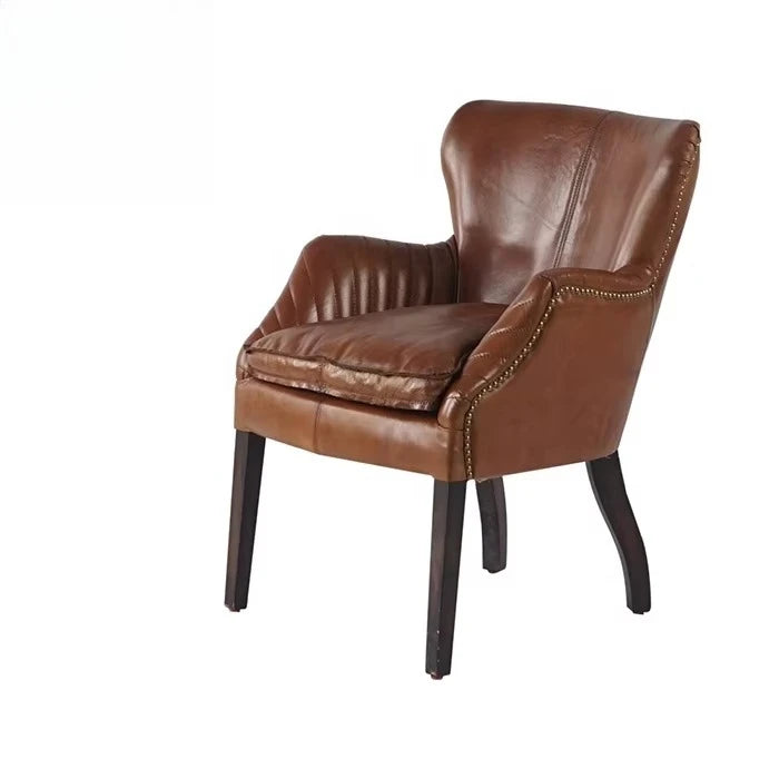 Antique French Rustic Dining Room Chair Brown Genuine Leather Wood Accent Chair Mid Century Vintage Leather Dining Chair