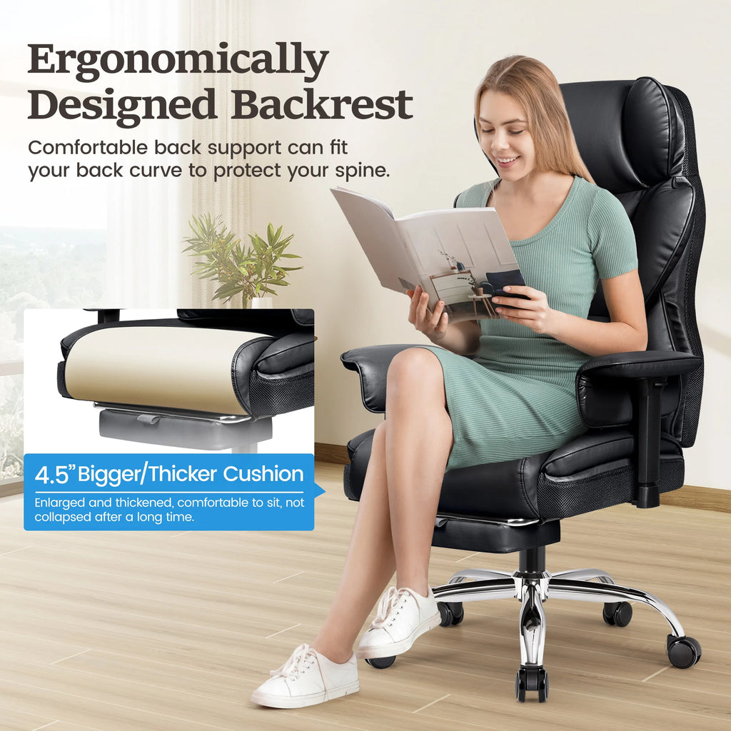 KERDOM Big and Tall Gaming Chair 500lbs Wide Seat and Footrest, Ergonomic Chair with Pocket Spring Cushion and Armrest, Metal Base & Quiet Rubber Wheels, Leather Office Chair with Adjustment Headrest and Lumbar Support for Lo