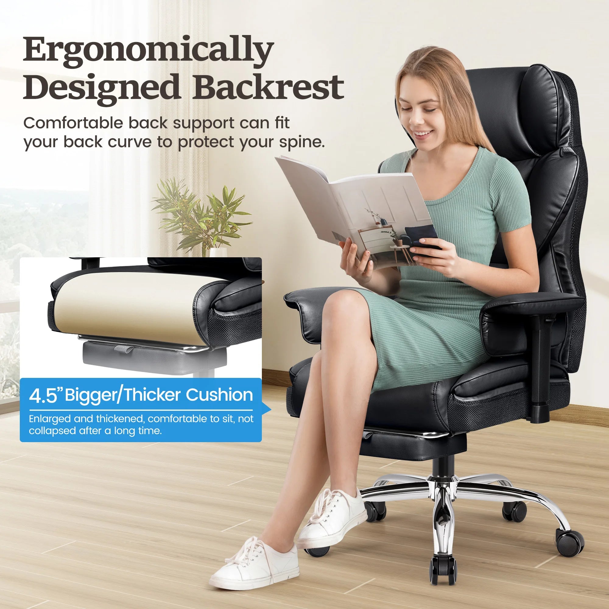 KERDOM Big and Tall Gaming Chair 500lbs Wide Seat and Footrest, Ergonomic Chair with Pocket Spring Cushion and Armrest, Metal Base & Quiet Rubber Wheels, Leather Office Chair with Adjustment Headrest and Lumbar Support for Lo