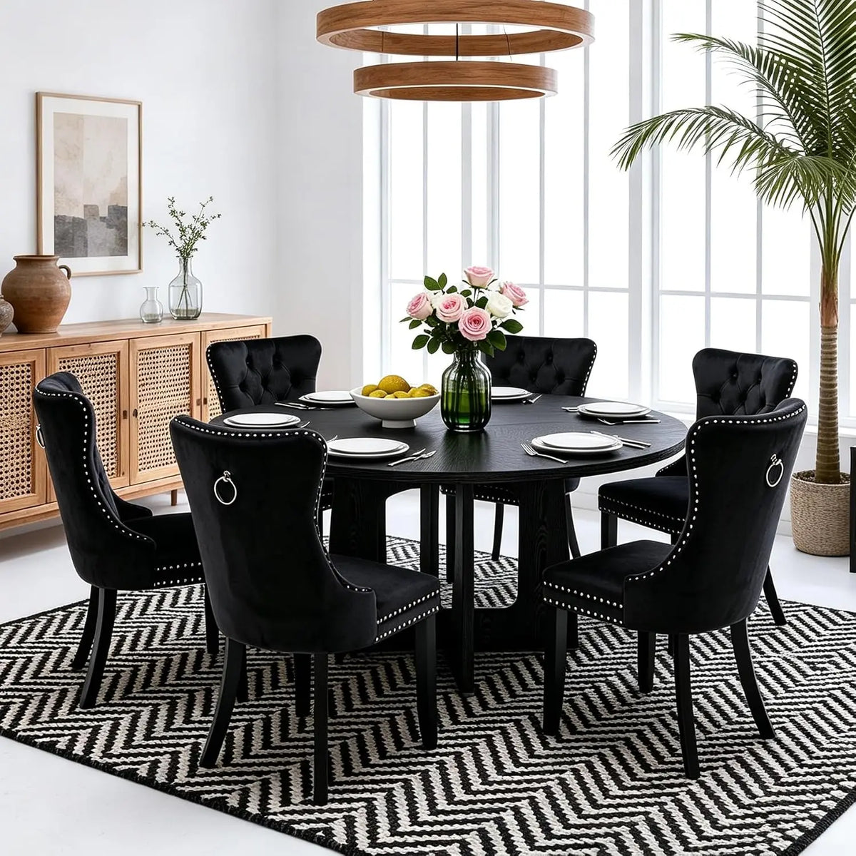 7-Piece Round Dining Table Set for 6, 47" Black Farmhouse Kitchen Table with 6 Gray Velvet Tufted Chairs, Modern Circle, Custom