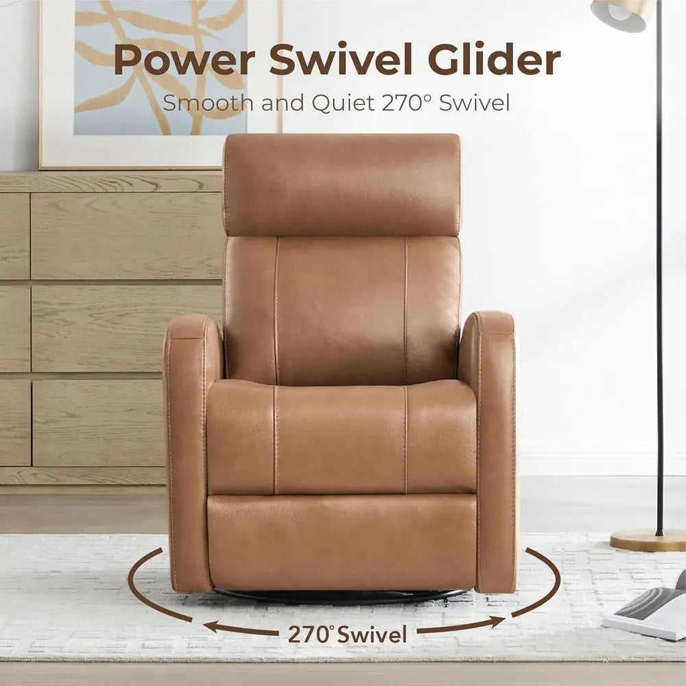Camel Brown Genuine Leather Power Recliner for Adults and Electric Swivel Glider for Nursery, Living Room
