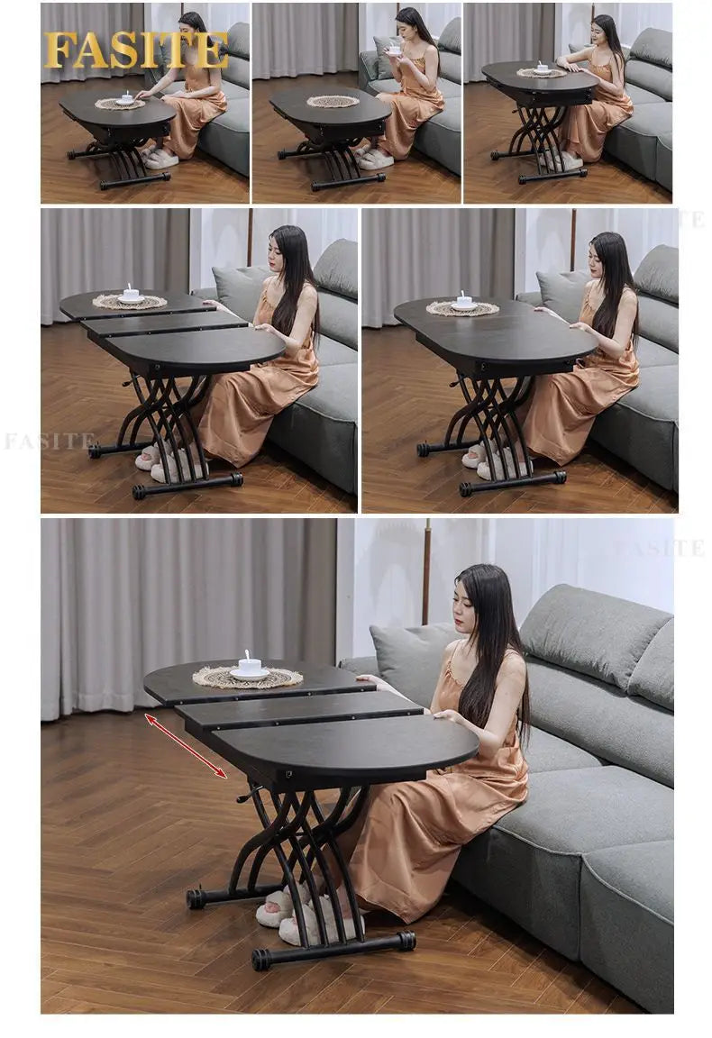 Black light luxury rock slab lifting coffee table dining  dual-purpose retractable mobile dining