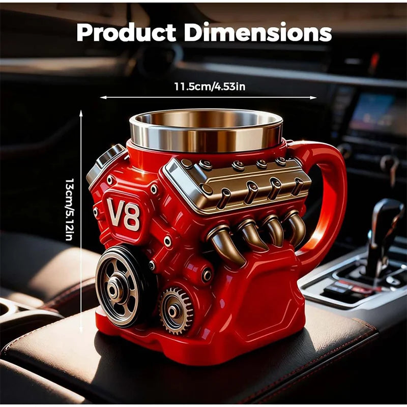 V8 Engine Coffee Mug, Retro Engine Coffee Mug V8 Stainless Steel Cup Double Wall Insulation With Handle For Car Enthusiast Gift