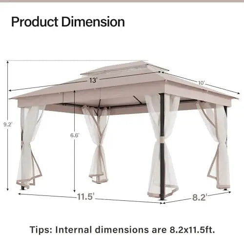 Patio Gazebo 10'x13', Outdoor Heavy Duty Party Tent Shelter with Double Roofs, Mosquito Nettings for Backyard, Garden