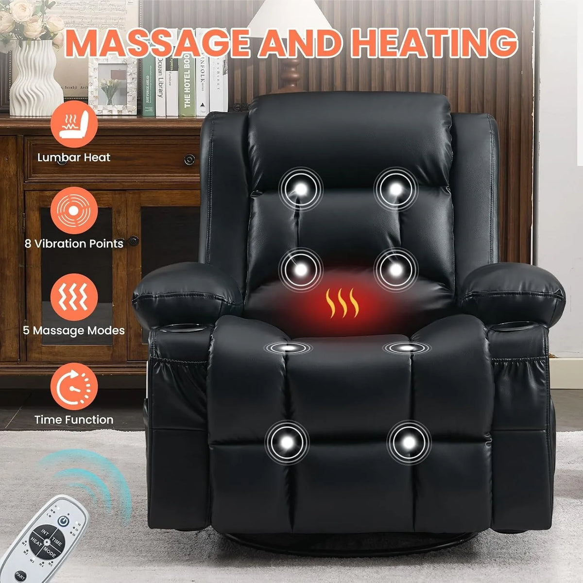 Ergonomic Swivel Rocking Recliner Chair, Vibration Massage & Heat, Custom