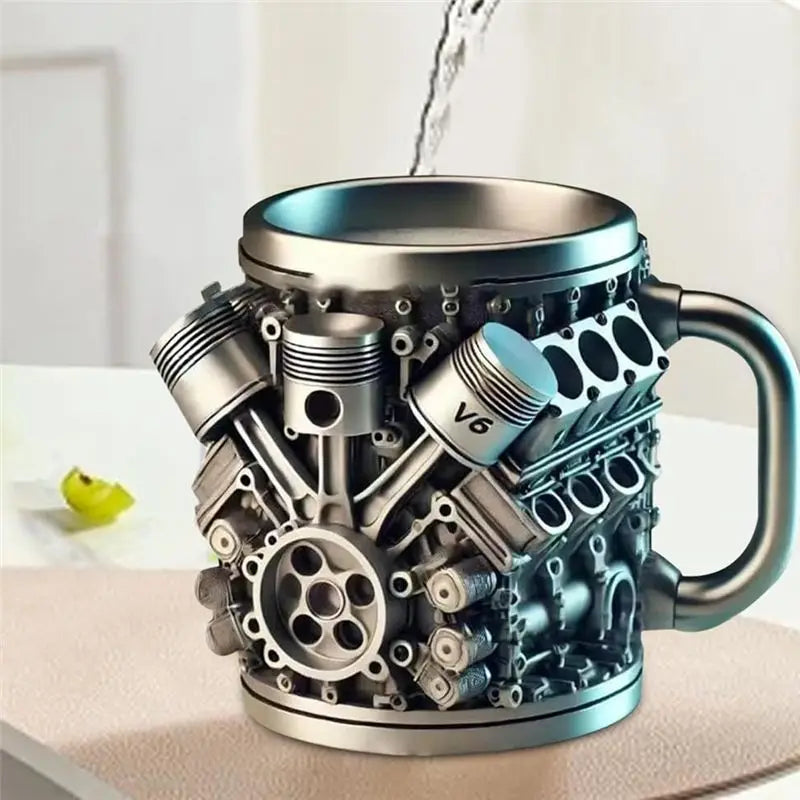 New-V6 Engines Stainless Steel Coffee Cup Car Engine Coffee Cup With Insulated Handle For Car Lovers Gift