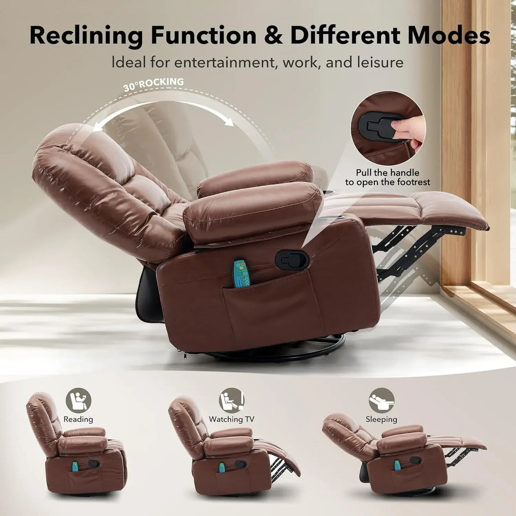 Brown 360 Swivel Rocker Heat Vibration Massage Oversized Wide Recliner PU Leather Manual Adult Chair With Cup Holders Side Pocke