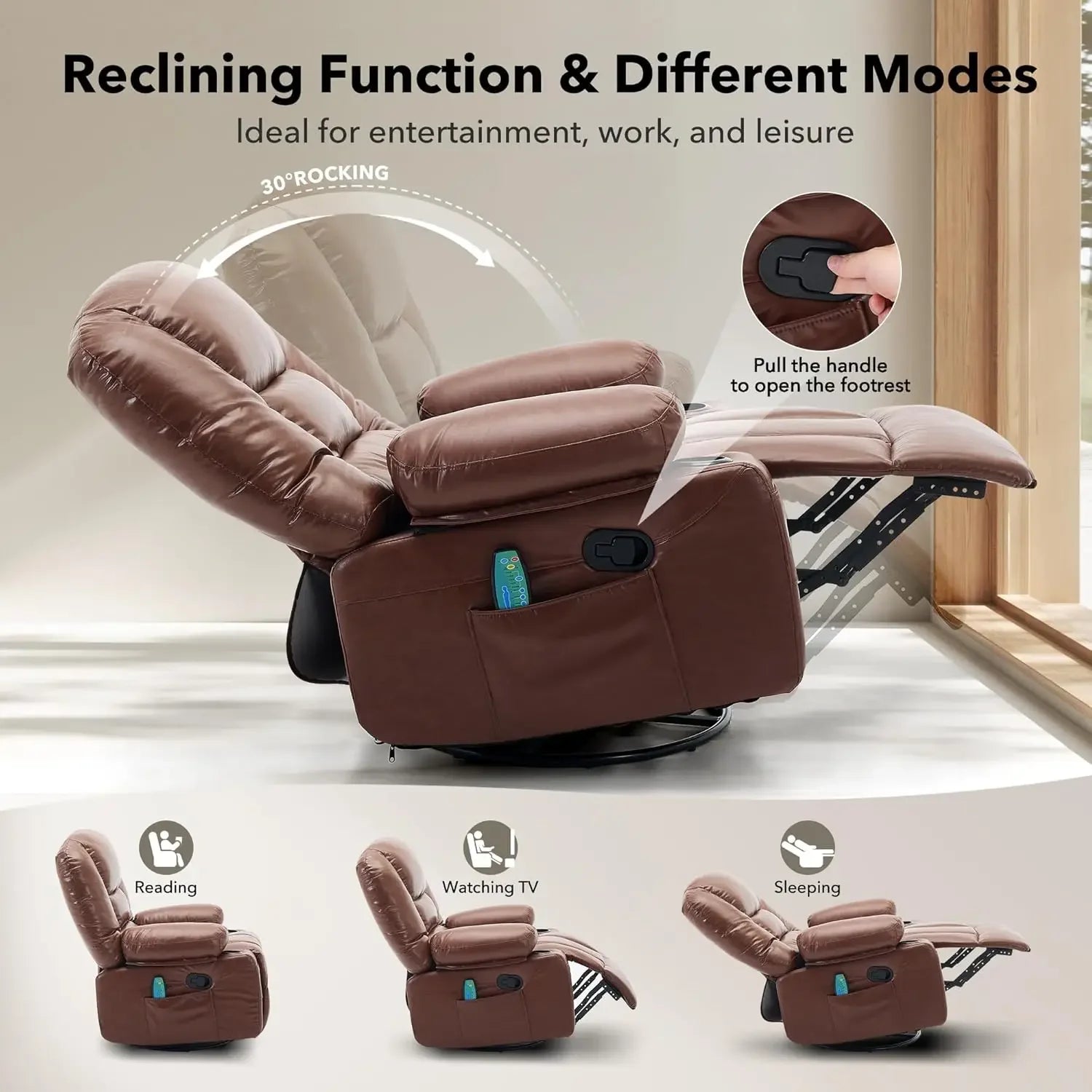 Brown 360 Swivel Rocker Heat Vibration Massage Oversized Wide Recliner PU Leather Manual Adult Chair With Cup Holders Side Pocke