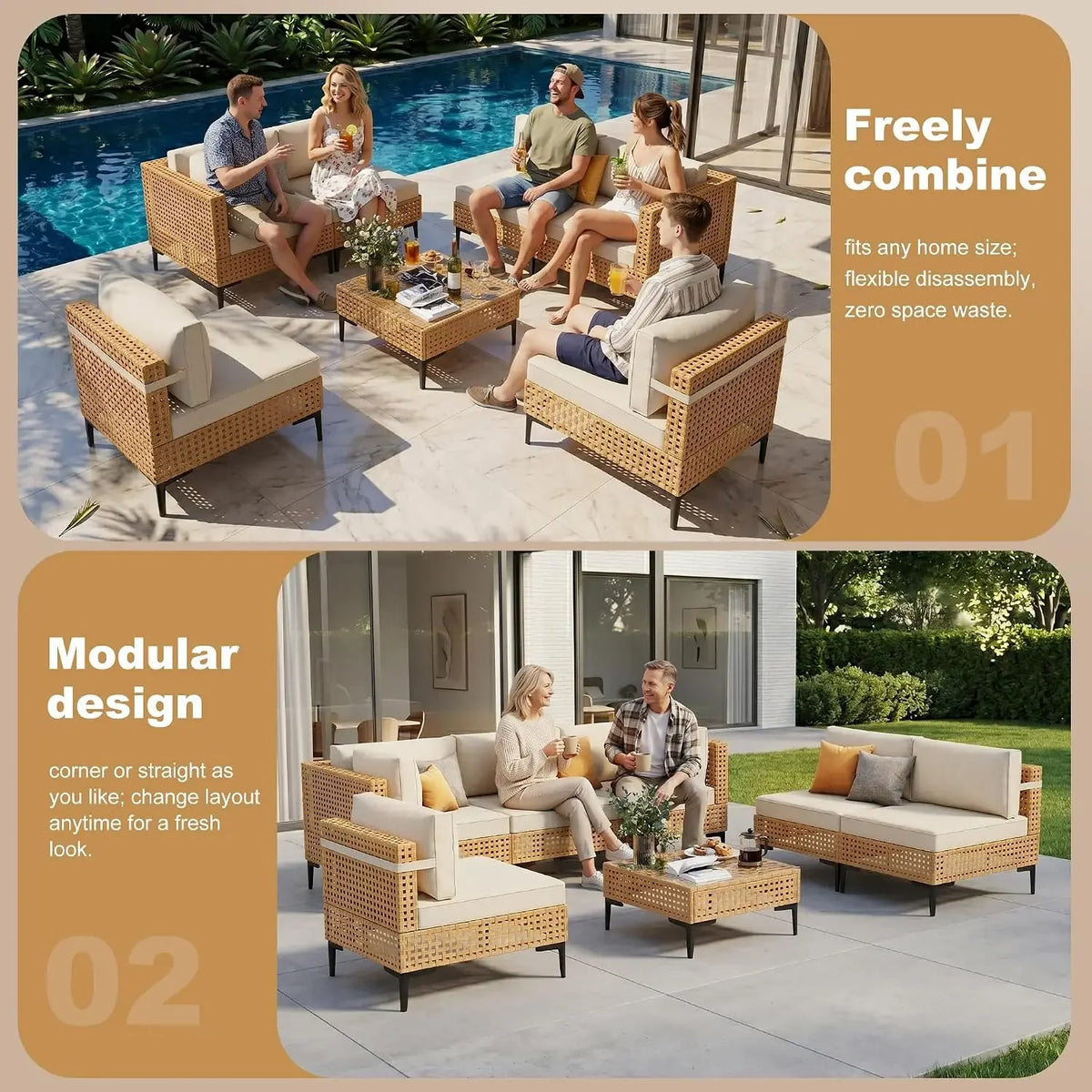 7-Piece Patio Furniture Set With Non-Slip Cushions & Coffee Table | 6 Seats All Weather Wicker Outdoor Sectional Set
