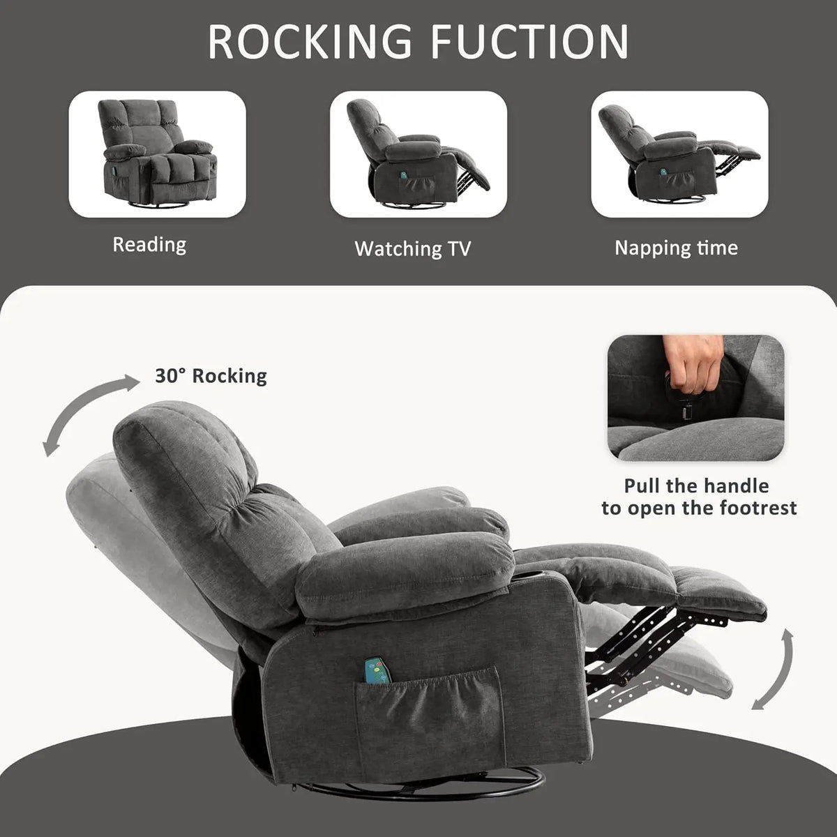 Recliner Chair with Vibration Massage & Lumbar Heating, 360° Swivel Oversized Rocker Recliner with USB Charging, Customized