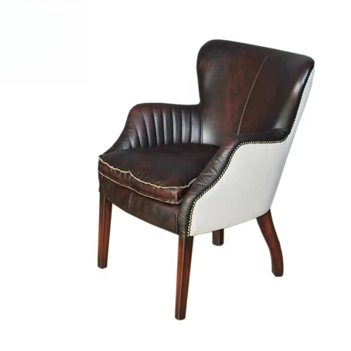 Antique French Rustic Dining Room Chair Brown Genuine Leather Wood Accent Chair Mid Century Vintage Leather Dining Chair