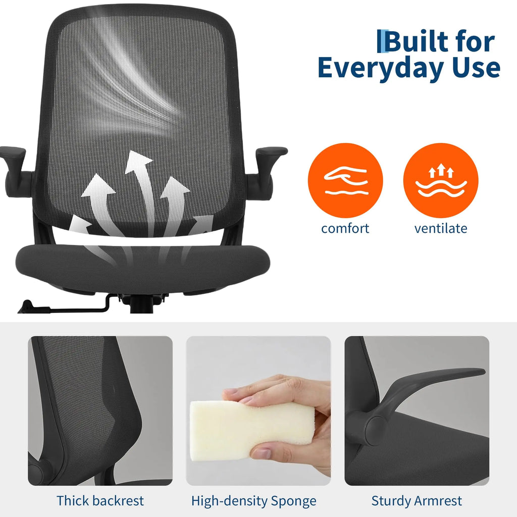 Ergonomic Office Chair With Flip Up Arms, Black Mesh Desk Chair With Lumbar Support, Adjustable Swivel Computer Chair For Home Office