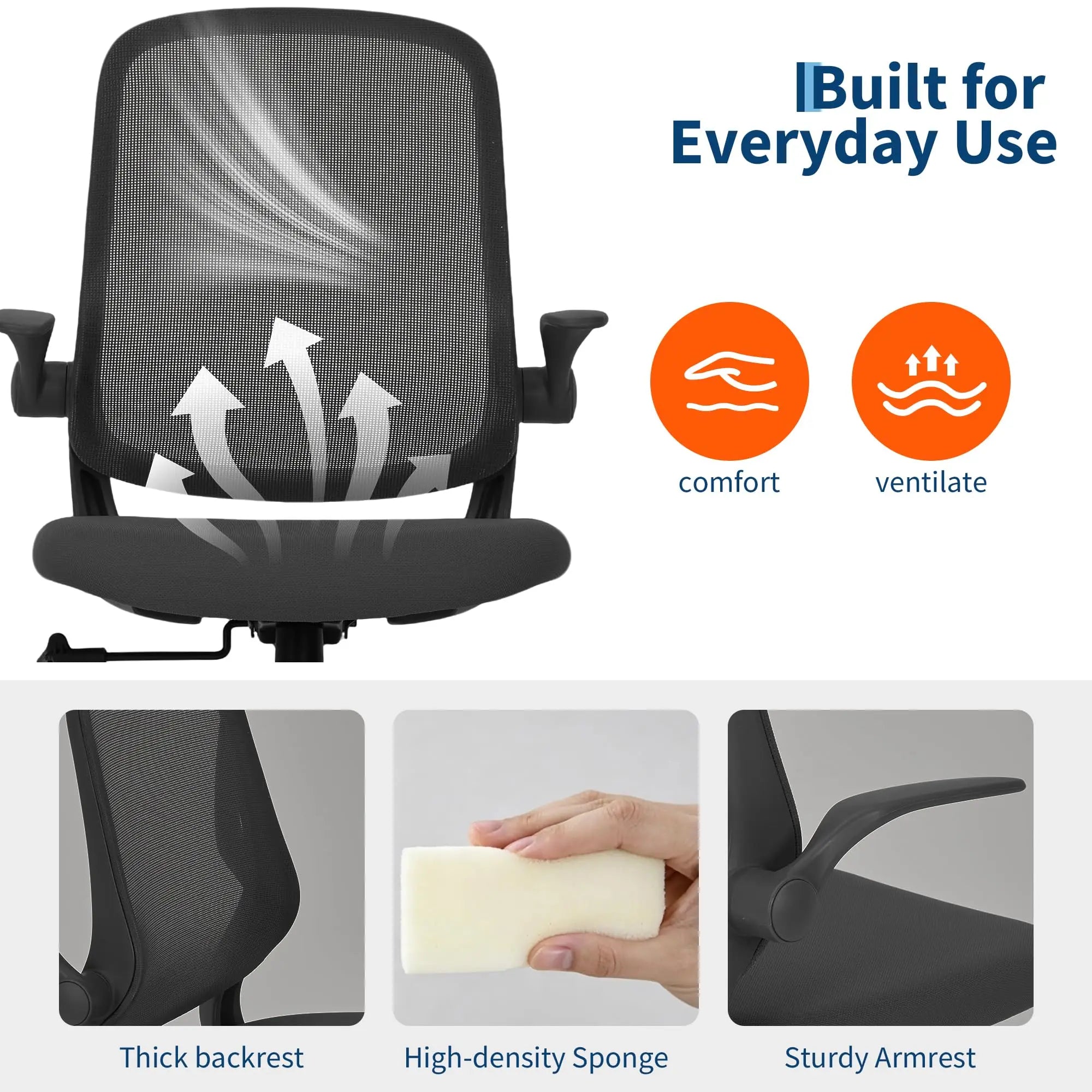 Ergonomic Office Chair With Flip Up Arms, Black Mesh Desk Chair With Lumbar Support, Adjustable Swivel Computer Chair For Home Office