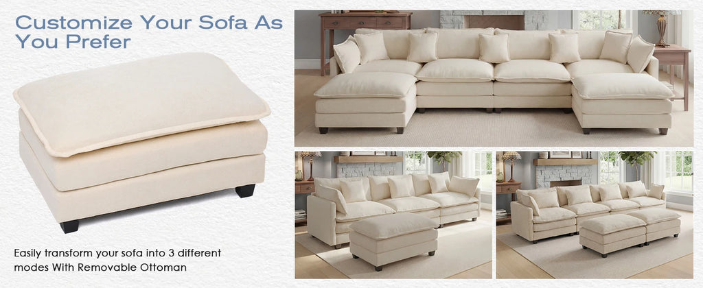 Redlife 113.4" Modular Sectional Sofa with Ottoman, Comfy Cloud Couch with Deep Seat (23.6" D), Solid Wood Frame,for Living Room