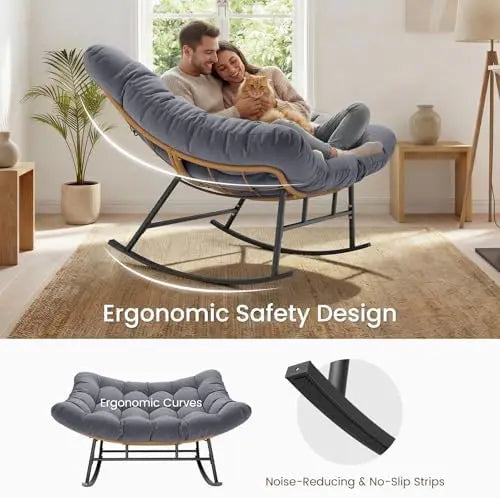 （Local US Inventory）Oversized Double Papasan Rocking Chair Outdoor Egg Rocker with High Back Water Resistant Cushion Rustproof U